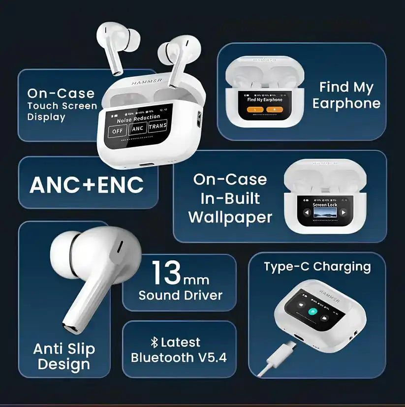 A9 Pro Touch Screen LED-ANC Airpods With Case - [ IMPORTED STOCK! ]